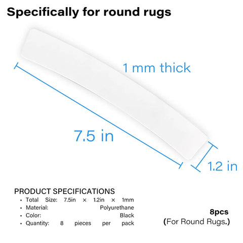 Diagram showing Eight Pack Rug Gripper Pads For Round Rugs 4x4 To 6x6 Feet With Curved Edge Design Keeps Rugs From Slipping And Curling.