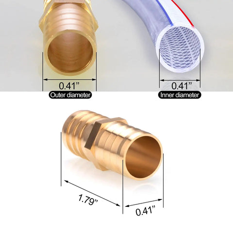 Close-up of 3/8 Inch Hose Repair Kit with brass barb splicer connectors and clamps shown with dimensions for water, fuel, air use.