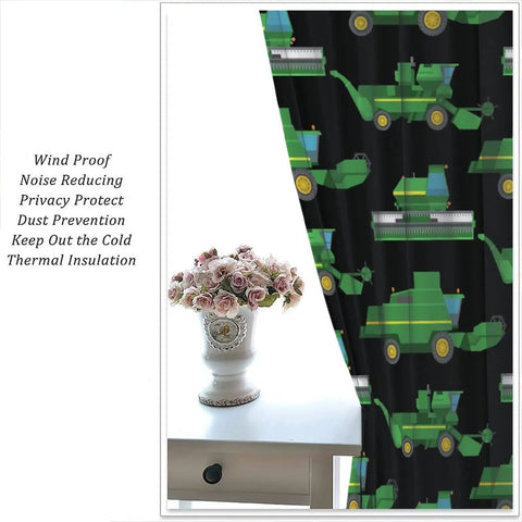 Farm Machinery Themed Window Curtains For Kids And Teens, Tractor And Combine Decor, Rod Pocket Curtain 42 By 54 Inch, Thirty Percent Blackout, Kid Friendly Yet Durable, Boys Bedroom Or Dorm Decor, Totally Rad Farm Room Vibe showing green tractor and combine pattern with flowers on a table