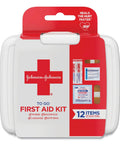 Johnson & Johnson First Aid To Go portable mini travel kit, white case with red cross, 12 items