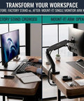 Before and after image of Single Monitor Arm Desk Mount With Super Smooth Tilt And Swivel Fits 13 To 32 Inch Screens.