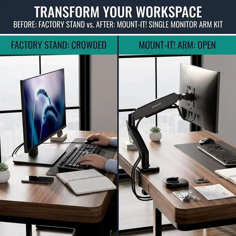 Before and after image of Single Monitor Arm Desk Mount With Super Smooth Tilt And Swivel Fits 13 To 32 Inch Screens.