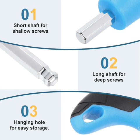 Close-up of Two Piece T Handle Ball End Hex Key Wrench Set 4mm Metric S2 Steel with short and long shafts and hanging hole.