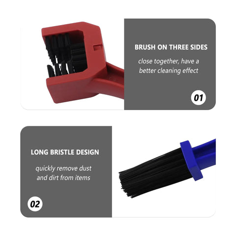 Close-up of two pack motorcycle chain brush double ended with three sided bristles and long bristles universal chain cleaning kit