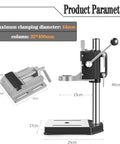 Sturdy Drill Press Stand Bench Top With Vise For Hand Drill, aluminum alloy, dimensions 40x25x17 cm, shown with measurements.
