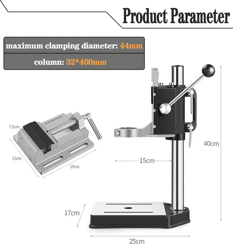 Sturdy Drill Press Stand Bench Top With Vise For Hand Drill, aluminum alloy, dimensions 40x25x17 cm, shown with measurements.