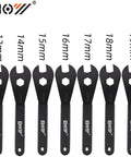Ultra Slim Bike Cone Wrench Set For Tight Hub Access 13-19mm, 7-piece set for bicycle wheel axle nuts, laid out in sequence.
