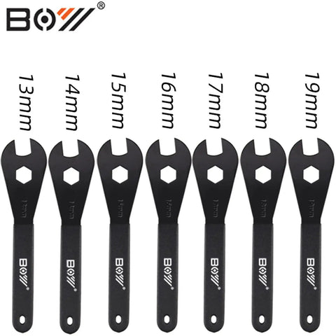 Ultra Slim Bike Cone Wrench Set For Tight Hub Access 13-19mm, 7-piece set for bicycle wheel axle nuts, laid out in sequence.