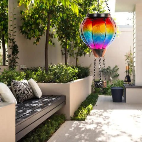Hot Air Balloon Solar Lantern With Candle Holder Lit Flickering Flame Hanging Outdoor Garden Light in colorful glass