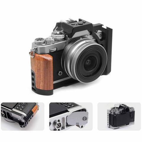 Wood Handle Aluminum Camera Cage Rig With 1/4 Inch And 3/8 Inch Screw Holes, Cold Shoe Mount, Vertical Video Mounts
