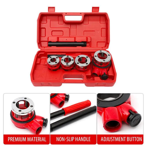 Pro Grade 7 Piece Pipe Threading Kit With Tap And Die Set Including 3/8, 1/2, 3/4, 1, 1-1/4, 1-1/2 And 2 Inch Dies in red case
