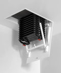 Heavy Duty Electric Attic Ladder With Remote Control, 13 Step Folding Loft Stairs, black telescopic design visible in ceiling opening.