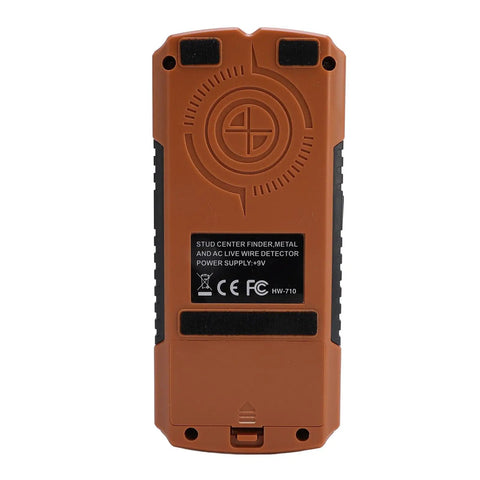WALFRONT 3 Mode Stud Finder Wall Scanner, LCD Backlit Display with Auto, brown back view showing detail of detector features.