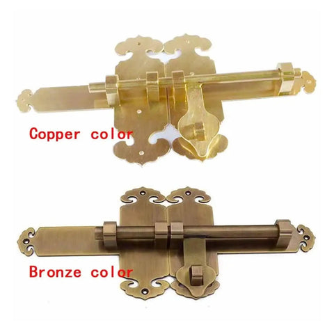 Heavy Duty Slide Bolt Gate Latch For Wood Doors Rock Solid Sliding Bar Bolts Pro Grade Steel Barrel Lock in copper and bronze.