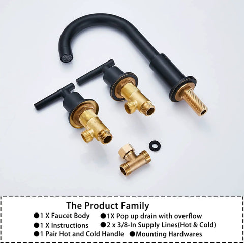Black Bathroom Faucet With Two Handles Widespread 3 Holes Deck Mount No Fuss Install 360 Degree Swivel Spout components on white background