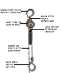 Compact Lever Hoist One Quarter Ton With Ten Foot Lift, highlighting alloy hooks, zinc plated chain, and safety features.