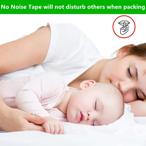 Sleeping mother and baby with text about no noise packing tape, illustrating silent packaging for 2 Pack No Noise Clear Packing Tape With Dispenser Heavy Duty 2.7 Mil Thick 1.88 Inch Wide 55 Yards Long Silent Noiseless Packing Tape For Shipping Moving Boxes Office Use Clear Durable Packaging Tape.