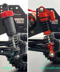 Comparison of original and modified 53mm Oil Shock Absorber Beefed Up Upgrade for Redcat Ascent One Eighteenth Scale RC Crawler.