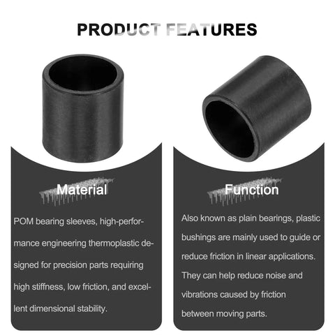 Close-up of 5 Pack POM Sleeve Bearings Black Self Lubricating Oilless Bushings ID 10mm OD 12mm Length 12mm features