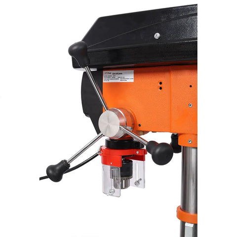 Close-up of 8 Inch Benchtop Drill Press With Laser Positioning For Wood And Metal showing adjustable handle and motor.