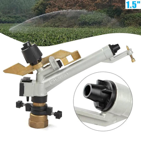 Heavy Duty 360 Degree Adjustable Irrigation Spray Gun with 1.5 Inch Interface for garden and farm watering, zinc alloy build.