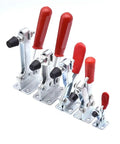 Heavy Duty Horizontal Toggle Clamps Set Of Twenty Pieces Featuring Quick Release Cam Action And Adjustable Tension For Kickass Woodworking Jigs And Shop Build Tasks, showing multiple sizes with red handles.