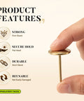 Reliable Heavy Duty Gold Thumb Tacks Boss Level Needlepoint Push Pins For Walls And Cork Boards Gonna Stay Put Without Bending Premium Steel Home Decor Fixtures, close-up of gold push pin held by a finger.