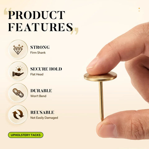 Reliable Heavy Duty Gold Thumb Tacks Boss Level Needlepoint Push Pins For Walls And Cork Boards Gonna Stay Put Without Bending Premium Steel Home Decor Fixtures, close-up of gold push pin held by a finger.
