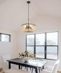 Room with Boho Wood Bead Chandelier With Five Lights And 20 Inch Diameter, Rustic Farmhouse Ceiling Pendant over dining table.