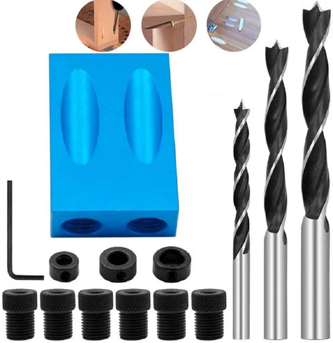 Pocket Hole Jig Kit With 15 Degree Slant Locator, Solid Aluminum Alloy Build, Includes 14 Pcs Drill Bit Set And 6/8/10mm Drive Adapters