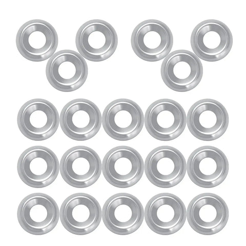 Badass 304 Stainless Steel Countersunk Cup Washers 200 Pack Size Six Silver arranged in a grid on a white background.