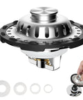 Universal Brass Drain Stopper Slick Chrome Finish Heavy Duty Bathtub Drain Cover with silicone rings and filter basket.