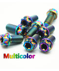 Dial In Your Ride With Premium Grade 5 Titanium Torx Flange Screws M8 X 50mm Purple Anodized Finish Pack Of 4 Heavy Duty Motorcycle And Truck Replacement Bolts close-up of multicolor titanium screws