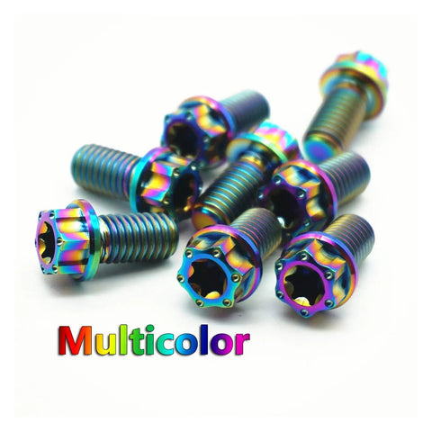 Dial In Your Ride With Premium Grade 5 Titanium Torx Flange Screws M8 X 50mm Purple Anodized Finish Pack Of 4 Heavy Duty Motorcycle And Truck Replacement Bolts close-up of multicolor titanium screws
