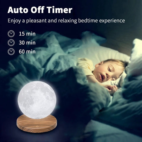 Magnetic Levitation Floating Moon Lamp With Base 360 Spin 3D Printed Moon Night Light 3 Color LED next to sleeping child