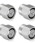 Mercedes Benz Tire Valve Stem Cap Covers 4 Pack Dope Alloy Caps With O Ring Seal for Cars SUVs Bicycles and Bikes, close-up view.