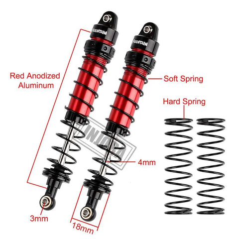 Four Piece 90mm RC Shock Absorber Set For 1 10 Scale Crawler Models Ideal For Axial SCX10 90046 AXI231017 And TRX4 D90 Durable Metal Dampers With Included Spare Springs And Screws Easy Install, red anodized aluminum shocks with soft and hard springs.