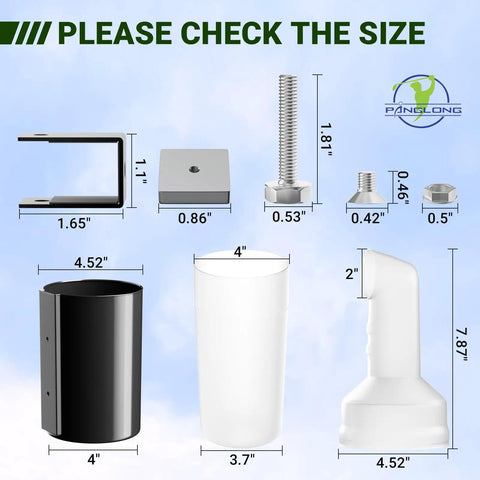 Universal Golf Cart Sand Bottle With A Tight Secure Holder Featuring Hassle Free No Drill Install and One Inch Square Tube Mount for a Roomy Thirty Five Ounce Capacity, parts and dimensions.