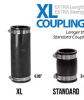 Extra Long 1-1/2 Inch Flexible Pipe Coupling For DWV Sewer And Drain, 6.88 Inch Long, Fits OD 1.65 To 2.00 Inches, Durable Cast Iron PVC Lead Steel Connector, Reliable Heavy-Duty Plumbing Fitting. XL coupling shown longer than standard