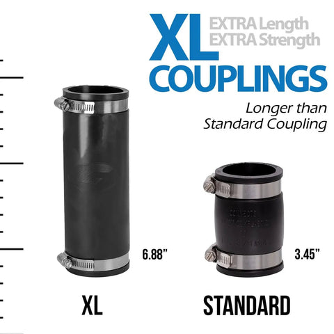 Extra Long 1-1/2 Inch Flexible Pipe Coupling For DWV Sewer And Drain, 6.88 Inch Long, Fits OD 1.65 To 2.00 Inches, Durable Cast Iron PVC Lead Steel Connector, Reliable Heavy-Duty Plumbing Fitting. XL coupling shown longer than standard