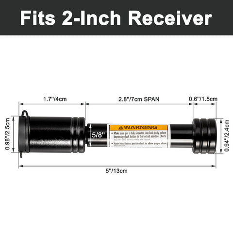 Black Five Eighths Inch Hitch Pin Lock With Keys For Two Inch Receiver Anti Theft Trailer Hitch Pin Keyed Alike Heavy Duty Steel Construction Fits Most Class III And IV Two Inch Hitches With About Two Point Eight Inch Usable Length, with dimensions labeled.