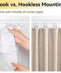 Ceiling Curtain Track For Room Divider, Aluminum Ceiling Mount Rail Set With Roller Hooks, showcasing hook and hookless mounting, white finish, 6Ft to 9Ft.