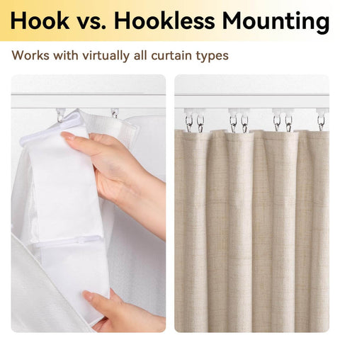 Ceiling Curtain Track For Room Divider, Aluminum Ceiling Mount Rail Set With Roller Hooks, showcasing hook and hookless mounting, white finish, 6Ft to 9Ft.