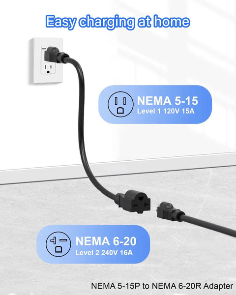 NEMA 5-15 and NEMA 6-20 plugs for Tesla Level 1 And 2 Home EV Charger With 16A 120V/240V, 21Ft Cable, Portable Travel Wall Charger.