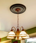Matte Black PU Ceiling Medallion for Light Fixtures and Ceiling Fans, twelve and a quarter inch outer diameter, installed