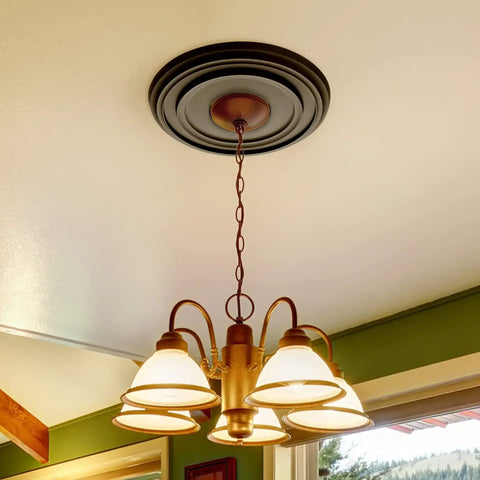 Matte Black PU Ceiling Medallion for Light Fixtures and Ceiling Fans, twelve and a quarter inch outer diameter, installed