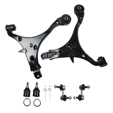 Front Lower Control Arm Kit With Ball Joints For 2002 2003 2004 2005 2006 CR V SUV Suspension Kit Left And Right Sway Bar Links 6 Piece Set Bolt On Direct Fit Replacement With Premium Ball Joints And Durable Arms For Smoother Handling. Black steel front lower control arms and ball joints for Honda CR-V suspension repair kit