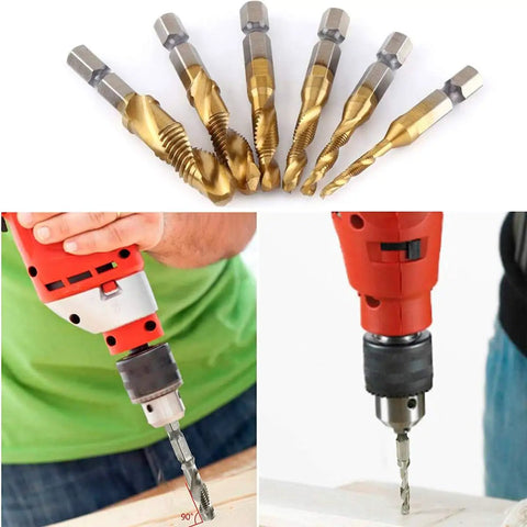 Six Piece Titanium Drill And Tap Bit Set With Center Punch Tool, One Quarter Inch Hex Shank HSS SAE Screw Tapping Bits For Drilling Tapping And Countersinking, Works From M3 To M10