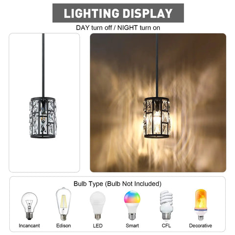 Black Crystal Pendant Light Fixture Modern Hanging Chandelier with Clear Faceted Crystals for Warm Glow