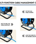 Heavy Duty Extension Cord Reel With 4 Grounded Outlets Open Cord Roller for 12/3 14/3 Power Cords showing cable management clip
